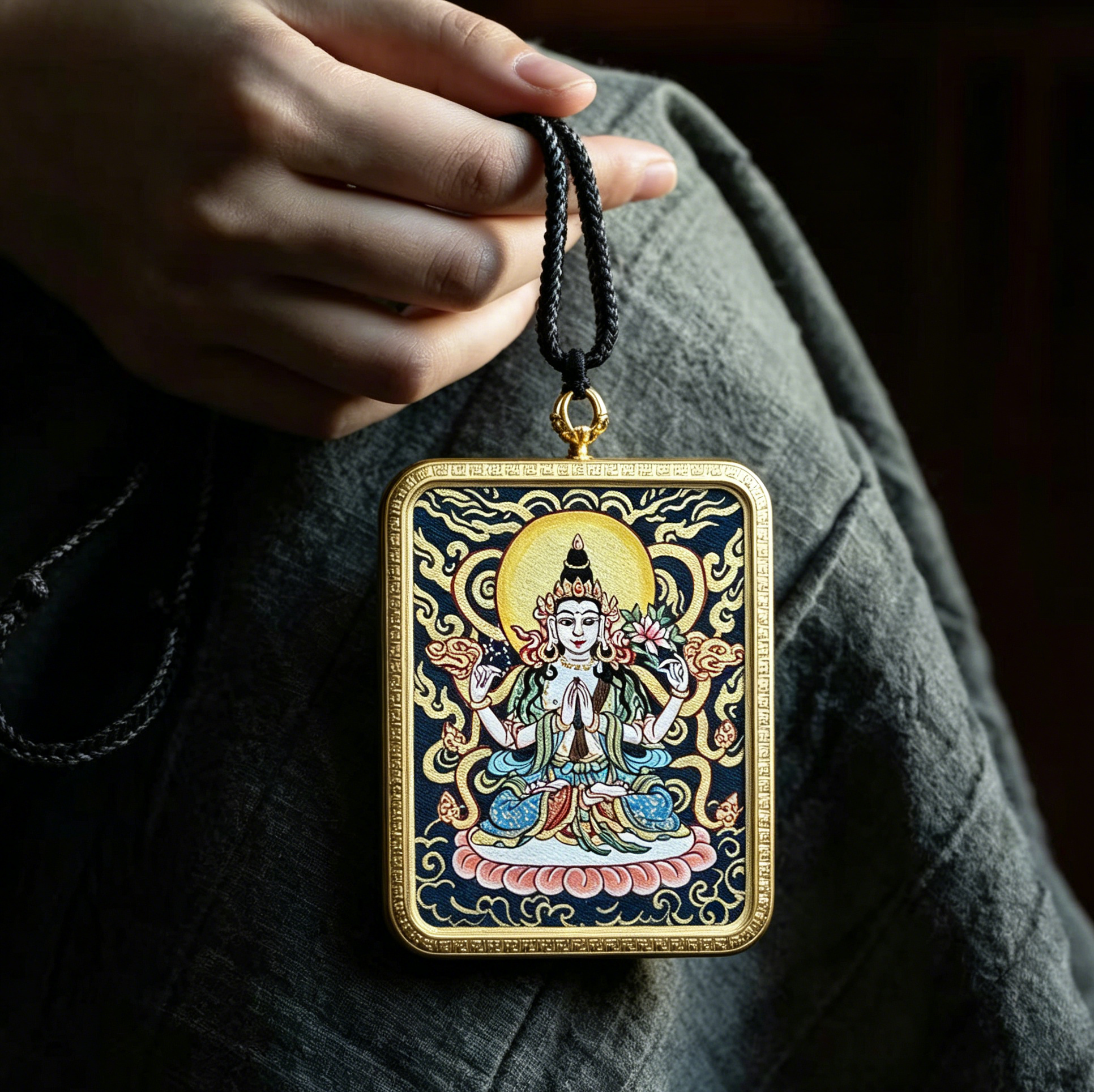 Four-Armed Guanyin Portable Thangka Necklace – Compassion & Prayer
